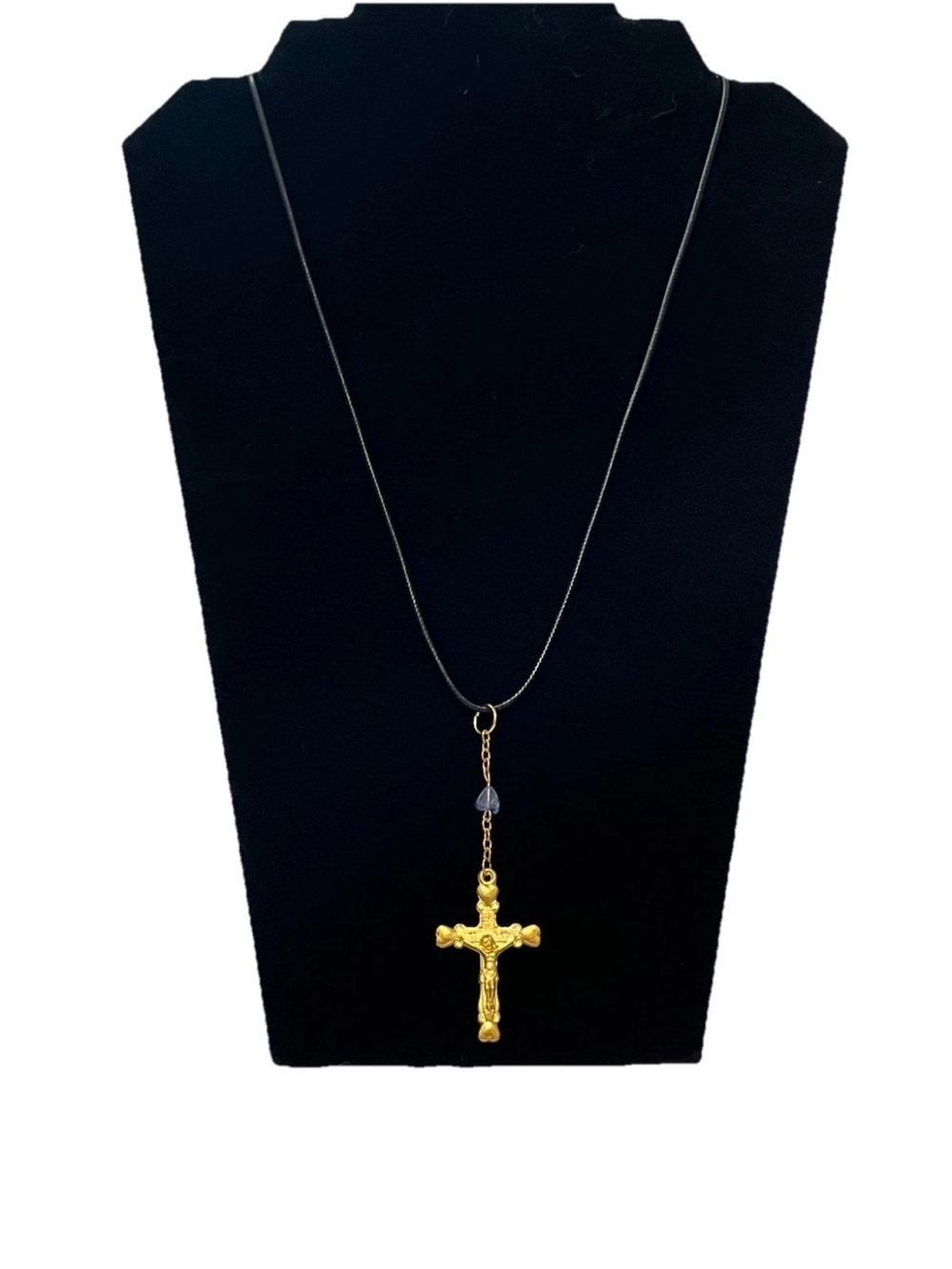 Vintage Gold Plated Religious Cross On Leather Cord. Religious Jewelry